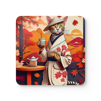 Bengal Cat at a Cozy Autumn Café Corkwood Coaster Set