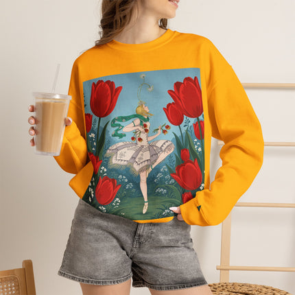 🌷🩰 The Scarlet Tulip Ballet Crewneck Sweatshirt – Art Deco Floral Whimsy