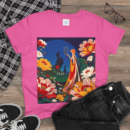 🌺🐦 The Enchanted Birdcage Garden Cotton Tee – Art Deco Floral Fantasy