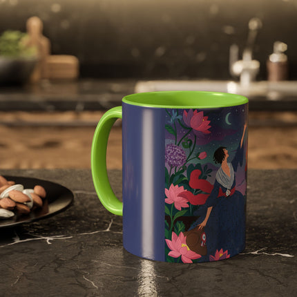 The Lady And The Morning Song Colorful Mugs – Art Deco Botanical Elegance