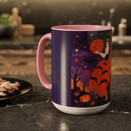 🎃🌕 The Pumpkin Moon Enchantress Colorful Mug – Elegant Halloween Masquerade