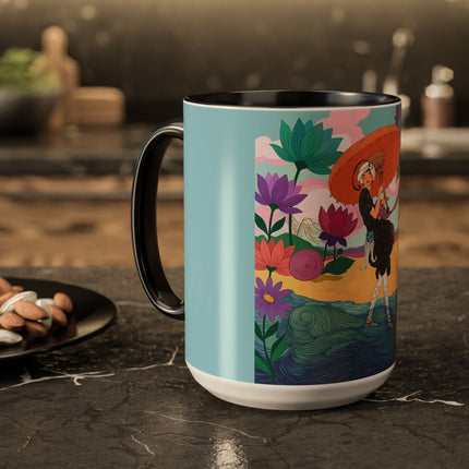 The Lady Of The Coral Parasol Colorful Mugs – Art Deco Coastal Elegance
