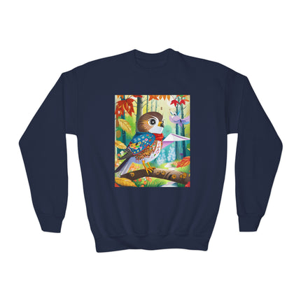 Baby Hawk Plays in Forest Youth Crewneck Sweatshirt – Woodland Wonder & Playful Discovery