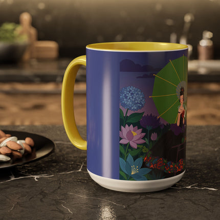 The Lady Of The Moonlit Needlework Colorful Mugs – Art Deco Crafting Elegance