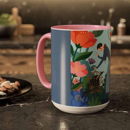 The Lady And The Mysterious Bird Colorful Mugs – Art Deco Botanical Mystery