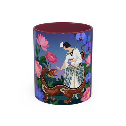 The Lady And The Garden Dragon Colorful Mugs – Art Deco Mythical Botanical Elegance