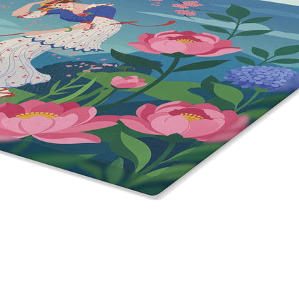 🌸☂️ The Lady Of The Falling Cherry Blossoms Glass Cutting Board – Art Deco Garden Fantasy