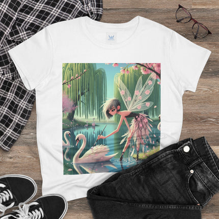 A Fairy Painting a Swan Cotton Tee
