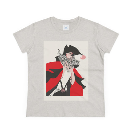 Crimson Masquerade Women's Midweight Cotton Tee – Dramatic Elegance & Art Deco Mystery