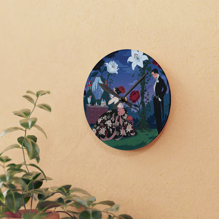 🌹🪞 The Lady Of The Midnight Garden Vanity Acrylic Wall Clock – Art Deco Floral Romance