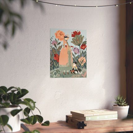 🌸🐈 The Lady And Puss In Boots Grand Floral Promenade Matte Vertical Poster – Art Deco Fashion Whimsy