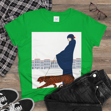 🐆🖤 The Lady With The Leopard Cotton Tee – Art Deco Fashion Illustration