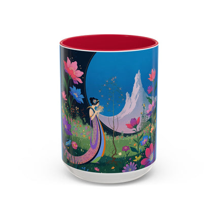 The Lady And The Moonlit Peak Colorful Mugs – Art Deco Alpine Garden Elegance