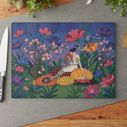 🌺🌙 The Lady Of The Midnight Blossom Garden Glass Cutting Board – Art Deco Floral Elegance