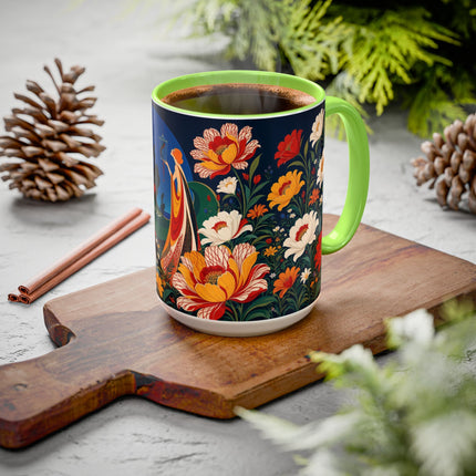 🌺🐦 The Enchanted Birdcage Garden Colorful Mug – Art Deco Floral Fantasy