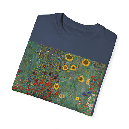 Farm Garden with Sunflowers by Gustav Klimt Unisex Garment-Dyed T-shirt