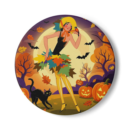 🌕🍂 Autumn Song Beneath The Harvest Moon Ceramic Coaster – Whimsical Halloween Charm