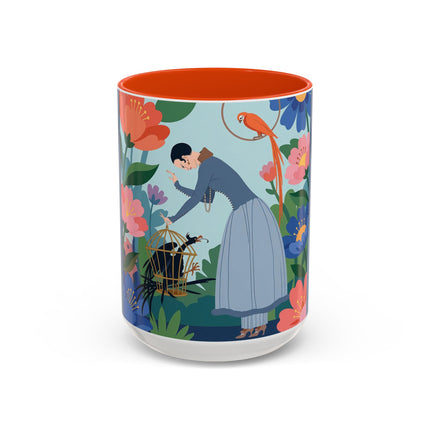 The Lady And The Mysterious Bird Colorful Mugs – Art Deco Botanical Mystery