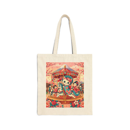 Geisha Kitten's Enchanted Carousel Ride Cotton Canvas Tote Bag – Whimsical Dreams & Cherry Blossom Magic