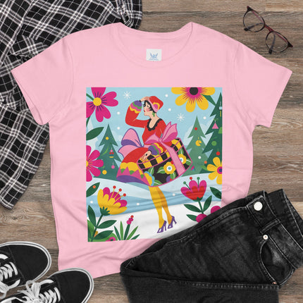 🎄🌺 Christmas In The Winter Garden Cotton Tee – Art Deco Holiday Whimsy