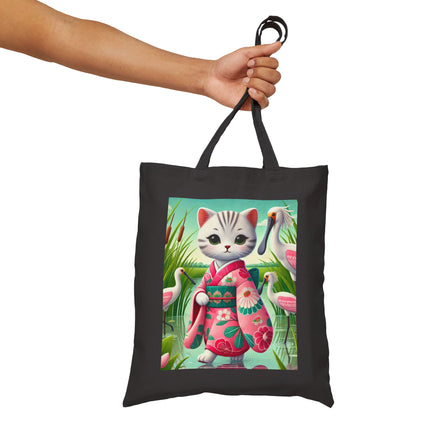 Geisha Kitten Strolls Among the Spoonbills Cotton Canvas Tote Bag – Serene Grace & Marshland Wonder