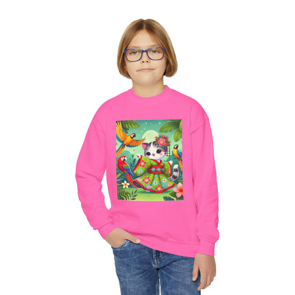Parrot Dance of the Geisha Kitten Youth Crewneck Sweatshirt – Color, Rhythm & Joyful Expression