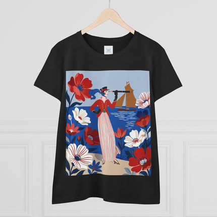 ⚓🌺 The Seaside Flower Adventurer Cotton Tee – Art Deco Nautical Fashion