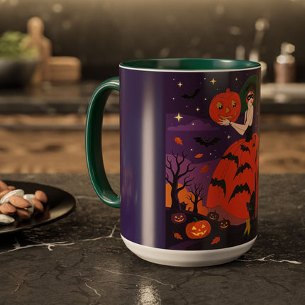 🎃🌕 The Pumpkin Moon Enchantress Colorful Mug – Elegant Halloween Masquerade
