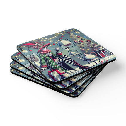 Whimsical Christmas Tea Party Corkwood Coaster Set