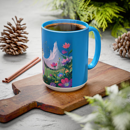 The Lady And The Moonlit Peak Colorful Mugs – Art Deco Alpine Garden Elegance