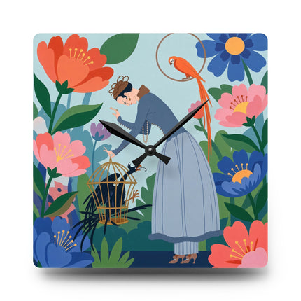 🌺🦜 The Lady Of The Enchanted Aviary Acrylic Wall Clock – Art Deco Floral Garden
