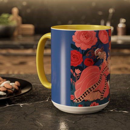 The Lady And The Scarlet Macaw Colorful Mugs – Art Deco Floral Elegance
