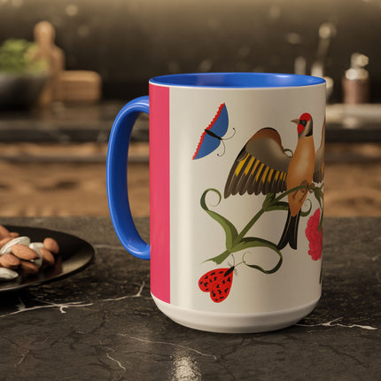 Goldfinch & Pink Flowers Colorful Mugs – Vibrant Spring & Bold Beauty