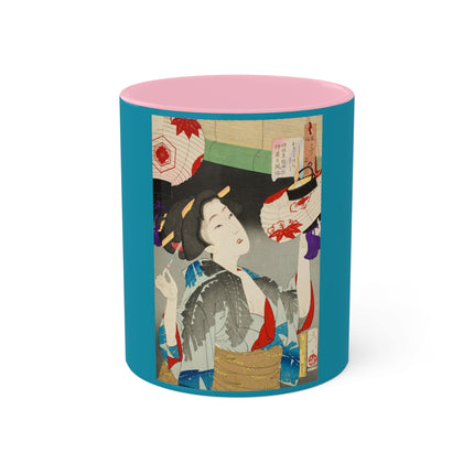 Looking Observant; The Appearance of a Kyoto Waitress of the Meiji Era by Tsukioka Yoshitoshi Colorful Mugs, 11oz
