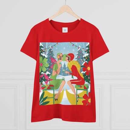 ☕❄️ Christmas Tea In The Snow Garden Cotton Tee – Art Deco Holiday Friendship