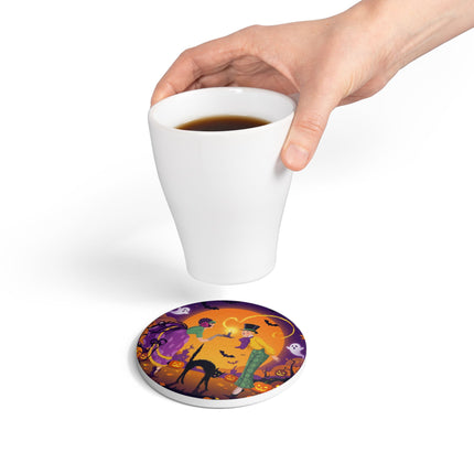🎃🕯️ The Midnight Halloween Greeting Ceramic Coaster – Vintage Halloween Charm