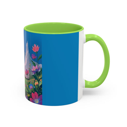 The Lady And The Moonlit Peak Colorful Mugs – Art Deco Alpine Garden Elegance