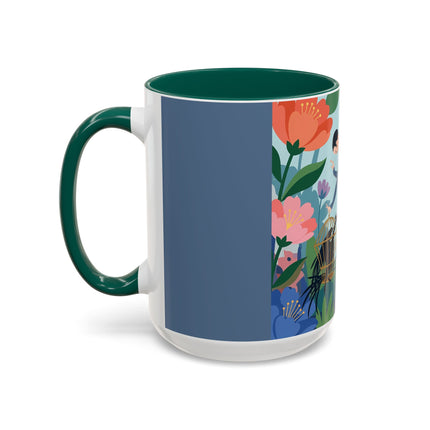 The Lady And The Mysterious Bird Colorful Mugs – Art Deco Botanical Mystery