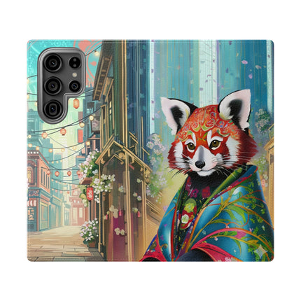 🦝✨ Cybernetic Red Panda Flip Case – Neon Charm & Futuristic Wonder