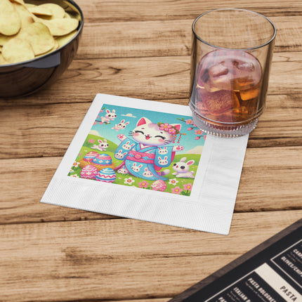 Springtime Kitten’s Easter Joy White Coined Napkins