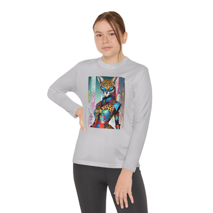 Cyber Cat Glamour Youth Long Sleeve Competitor Tee – Neon Elegance & Futuristic Style