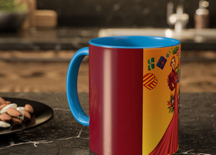 Elegant Holiday Woman with Gifts Colorful Mugs (11oz, 15oz)