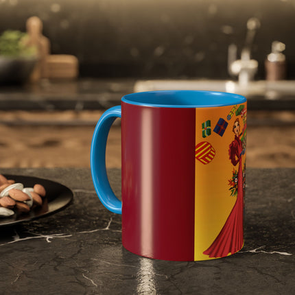 Elegant Holiday Woman with Gifts Colorful Mugs (11oz, 15oz)