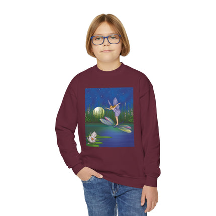 Fairy on a Dragonfly Youth Crewneck Sweatshirt – Enchanting Moonlit Fantasy