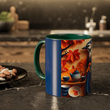 Blue Jay at an Autumn Tea Ceremony Colorful Mugs (11oz, 15oz)