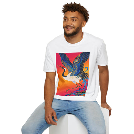 🪽🌅 The Celestial Crane Softstyle T-Shirt – Art Deco Wings Of Elegance