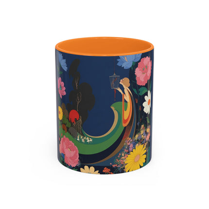 The Lady And The Crimson Moonbird Colorful Mugs – Art Deco Whimsical Garden Elegance