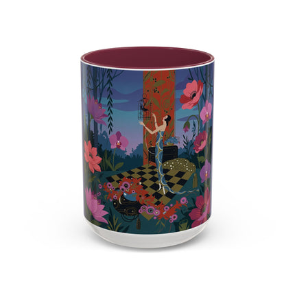 The Lady And The Midnight Birdcage Colorful Mugs – Art Deco Botanical Elegance