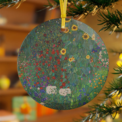 Farm Garden with Sunflowers by Gustav Klimt Glass Ornament