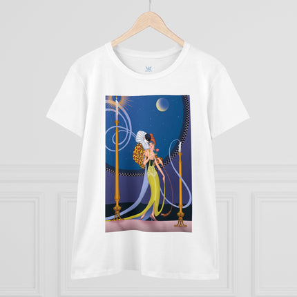 Smoke and Secrets: A Glamorous Encounter in Prohibition Era Women's Midweight Cotton Tee
